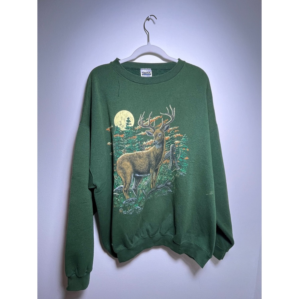 Vintage Tultex Deer Nature Graphic Sweatshirt Forest Green Crewneck 90s Buck